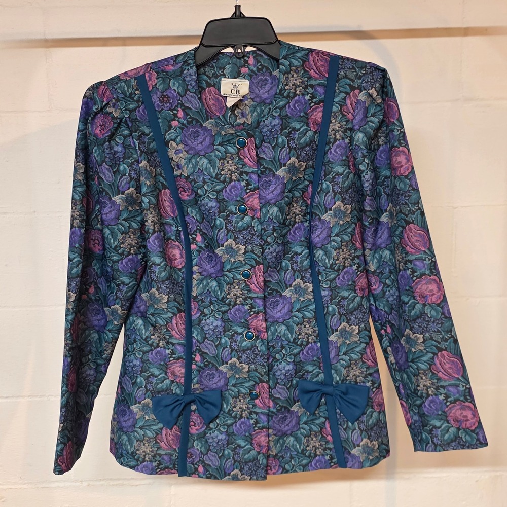 Vintage CB New York Floral Blazer Bow Accents Purple Teal Blue Jacket Size 10